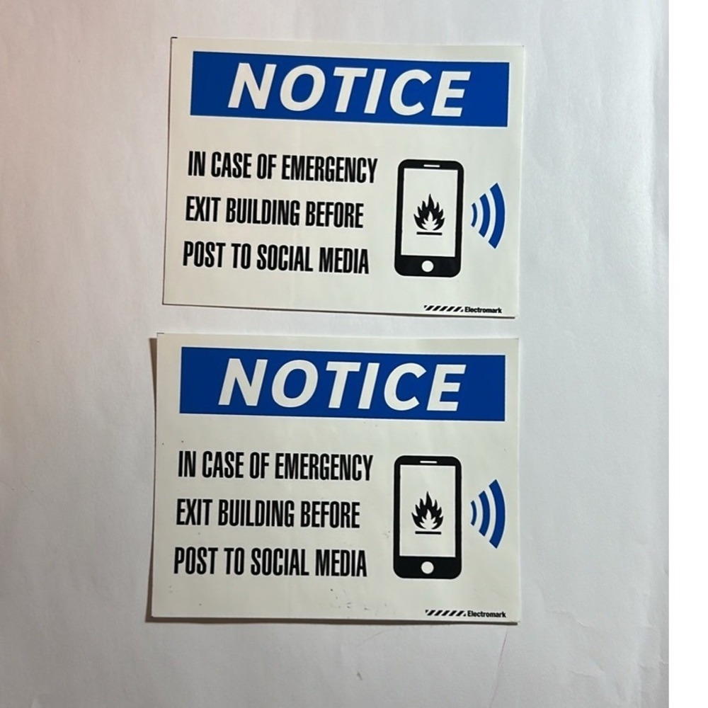 Lot Of 2 Stickers Notice In Case Of Emergency Exit Before Post To Social Media
